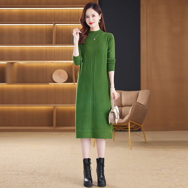 Robe pull à manches longues et col rond pour femme, vêtement de styliste, mode automne-hiver, doux et chaud, vert, frocs mi-longs, fine et élégante, jacquard tricoté, robes pull, 2023