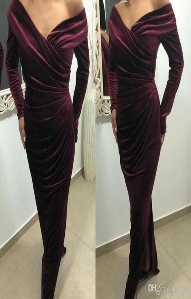 Manches longues une épaule vin rouge sirène robes de soirée velours froncé côté fendu robes de soirée robe de bal personnalisé vestidos de fie9968068