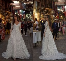 Lange mouw prinses trouwjurken 2021 luxe kant applique backless v-hals outdoor bruids receptie dansen jurk gewaden