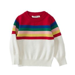 Lange mouw regenboog gestreepte gebreide kinderen baby trui baby meisje pullover peuter jongen jas katoen kinderkleding 1-7Y 210521