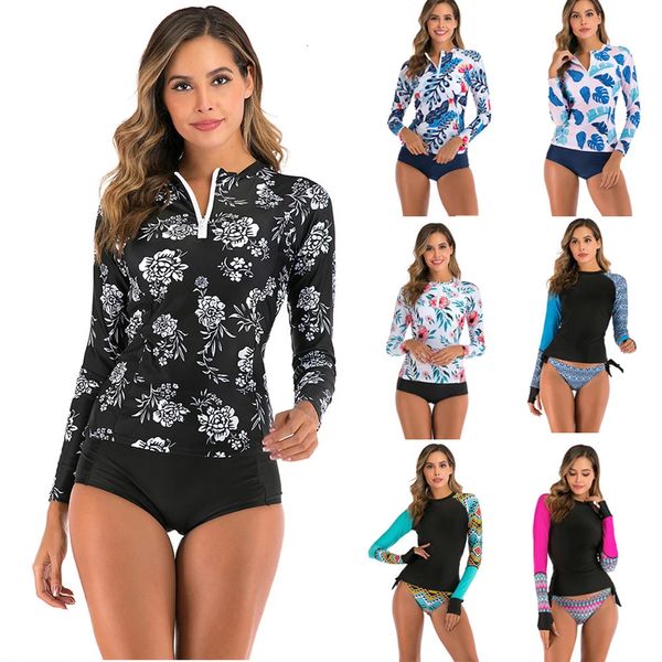 Guardia de manga larga Mujeres impresas de dos piezas Trazo de baño con cremallera Traje de baño de talla grande S-2XL Surfing Traje de surf High Neck240408