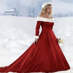 Robes de Noël rouges à manches longues nouvelles robes d'automne d'hiver robes de mariée A-ligne en satin à épaules dénudées longueur au sol Noël Br275c