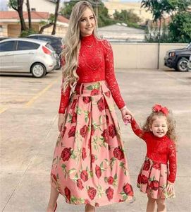 Vestido de novia de encaje rojo de manga larga para familiar