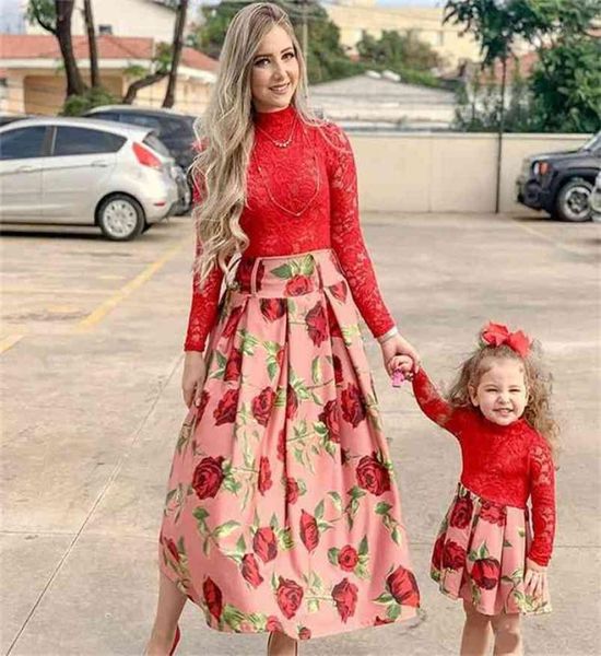 Robe de mariée en dentelle rouge à manches longues pour look familial assorti maman et moi vêtements année mère fille robes tenues 2108059652502