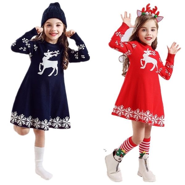 Langarm Rentier Kleid Kind Weihnachten Stricken Jahre Party Kostüm Kinder Kleidung für 3 6 8 Jahre Mädchen Vestidos 220106