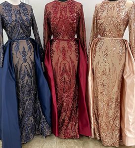 Manches longues Robe De Soirée Musulman Vert Robes De Soirée 2022 Avec Train Détachable Sequin Marocain Caftan Formelle Robe De Soirée De Bal Fuchsia