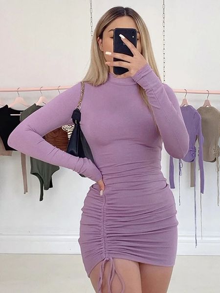 À manches longues borched bodycon dres tortleneck bandage mini robes automne skinny skinny strety vestidos 240411