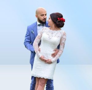 Lange Mouw Korte Schede Trouwjurken Jewel Hals 2019 Eenvoudig Ontwerp Vestidos de Noiva Mini Bruidsjurken5430429