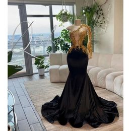 Schouder met lange mouw Gold één applique prom jurk voor zwart meisje 2024 Sparkly Gillter Mermaid Birthday Reception Jurk Robe de Bal 322