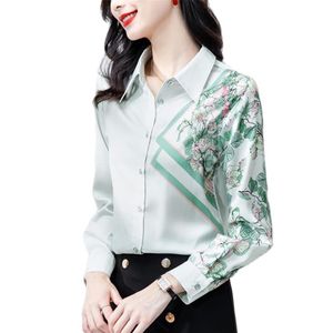 Chemise en soie à manches longues 2023 Femmes Piste Satin Imprimé Élégant Chemisier Boutonné Beau Printemps Automne Hiver Magnifique Haut de Gamme O299F