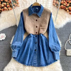 Chemisier en Denim à manches longues pour femme, tricot simple, boutonnage, Blusas Mujer De Moda, nouvelle chemise avec gilet en tricot, automne hiver 2023