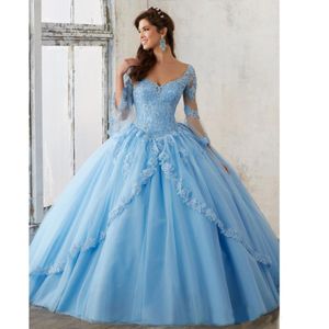 Sky blauwe baljurk met lange mouwen Quinceanera jurken v nek kanten appliques lang prom sweet 16 prom jurken vestidos de quinceanera 2858