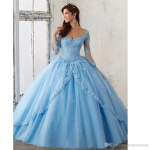 Manches longues bleu ciel robe de bal Quinceanera robes col en V dentelle Appliques doux 16 robe de bal Vestidos fête Gown265E