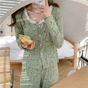 Lange mouw nachtkleding bloemen vintage gedrukt vrouwen huis chique comfortabele katoenen mode pyjama suits sets 210525