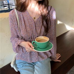 Lange mouwen Slim-taille Sweet Casual Women Shirts Dames Boho Print Paars Pullover Tops Floral Ruffle Trim Blouse 11314 210427