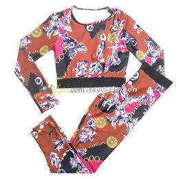 Traje deportivo de manga larga para mujer, chándal con estampado de flores, cintura elástica, mallas de gimnasio, chándales para correr y ciclismo