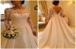 Lange mouw voorjaar trouwjurken 2015 Crew Sheer Backless A Line Satin Fabric Bridal Jurken Vintage Church Wedding Gown Custom MA8969998