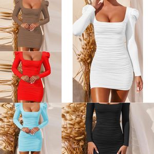 Manches longues col carré printemps été noir Wrap froncé robe moulante femmes Sexy dos nu blanc élégant court Mini robes de soirée X0705