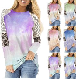 Lange mouwen T-shirt Strepen Tie Dye Leopard Gedrukt O Hals Casual Tops Sweatshirt T-shirt 6 Kleuren Ljjk2434