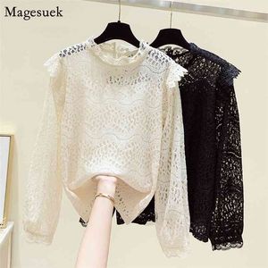 Lange mouwen voor vrouwen mode herfst holle kant zwart shirt Koreaanse vintage kantoor blouses blusa 11602 210512