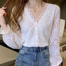 Chemisier blanc à manches longues chemise hauts Blusa Blouse femmes Blusas Mujer De Moda col en v creux dentelle Blouse femmes vêtements D844 210426