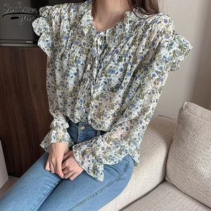 Blusas de manga larga para mujer, blusa de gasa salvaje estampada, ropa coreana de otoño, camisas rosadas con volantes Vintage para mujer 10336 210427