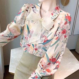 Lange mouwen vrouwen shirt bloem print chiffon blouse tops blusas mujer de moda kleding E520 210602