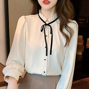 À manches longues femmes chemise col montant abricot en mousseline de soie Blouse chemise femmes hauts Blusas Mujer De Moda femmes vêtements Blusa E370 210602