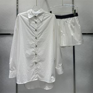 Vrouwen lange mouwen witte shirts korte set luxry elegante casual dagelijkse blouse outfits elastische taille mini shorts sets sets