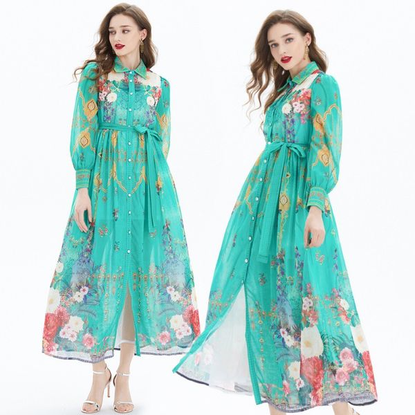 Manga larga gasa floral vestido maxi camisa cuello diseñador elegante mujer botón cardigan vestidos pista vintage impresión casual playa fiesta cóctel batas ropa