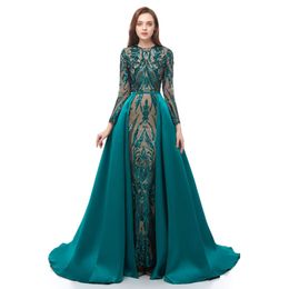 Vestidos de noche de manga larga Robe De Soiree verde musulmán combinado con vestido de fiesta formal caftán de tren desmontable en Marruecos ENG2003