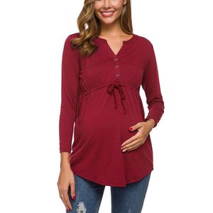 Lange mouwen zwangere vrouw borstvoeding geven V-hals top vaste kleur taille vastgebonden en anti glans chifbfon shirt L2405