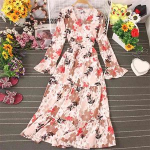 Lange mouwen V-hals bloem print jurk herfst All-match Koreaanse versie van de taille en dunne ruche rok UK054 210507