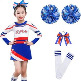 Lange mouwen blauw meisje cheerleading kostuum uniform kinderen vrouwen cheerleader dans outfit ronde hals patchwork stijl pompons 240305