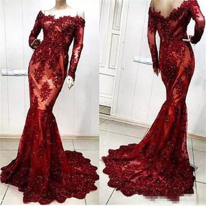 Lange mouwen Bury Evening Jurken Mermaid Sweep Train Lace Appliue kralen sexy van de schouder prom jurk beroemde jurk