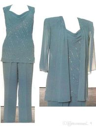 Lange mouwen Chiffon Formal Party Moeder van de Bruid Broek Past met jas Beaded Sequin Three Pieces Moeder van Groom Pant Suit BA7329