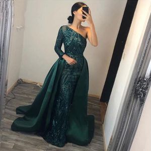 Long Sleeves Evening Dress 2020 Elegant Muslim Mermaid Long Sleeves with Detachable Train Sequin One Shoulder Prom Party Gowns