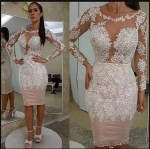 Vestidos de noche de mangas largas Longitud de rodilla de la rodilla Pearas de perlas de cuello de cuello de cuello Illusión Ilusión Bodice Custom Hade PROM Party Vestidos 403