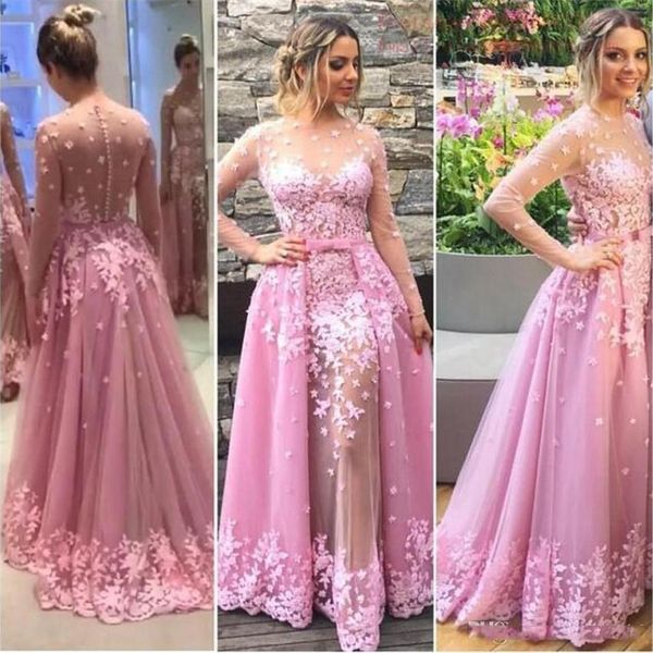 Vestidos de noche de manga larga con falda de superposición desmontable Sheer Prom Pageant Dress Plus Size