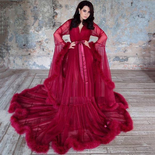 Manches longues plumes Tulle robes De soirée Sexy bordeaux formelle fête Robe De bal grande taille sur mesure Robe De soirée