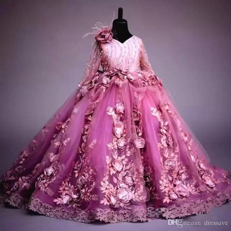 Mangas compridas Vestido de menina de flores FUCHSIA 3D FLORES PRINCESS VODO DE FESTO VESTIMENTO DE LUXO LUXO PARA VESTORES DE COMPRIMENTO FORMAL DE CASAMENTO BC1952