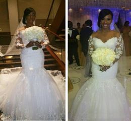 Vestidos de novia de talla grande de sirena de encaje de manga larga con hombros descubiertos, vestidos de novia africanos sexys, vestidos de boda de primavera 20166622974