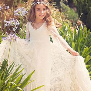 Lange mouwen kant bloem meisjes jurken voor bruiloften v-hals vloer lengte baby kinderen prinses jurken