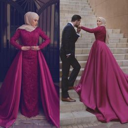 Vestido de fiesta Formal de encaje de manga larga para mujer, vestido de noche con cola desmontable Islámico de Dubái, Arabia Saudí, sirena musulmana, Hijab