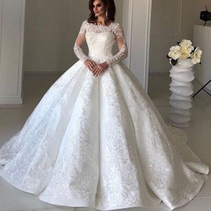 Lange mouwen kant bruidsjurk elegante juweel juweel nek kralen kant applicaties bruidsjurk glamoureuze arabische baljurk trouwjurken