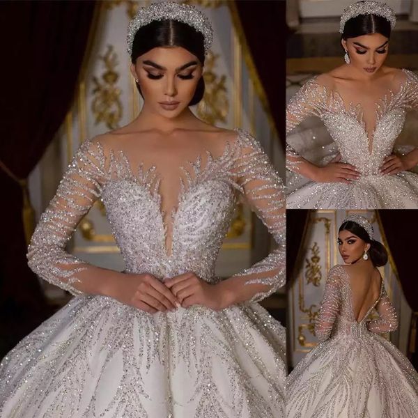 Mangas largas Vestidos de novia turcos de lujo Sin respaldo Impresionante vestido de fiesta de princesa Vestidos de novia para mujeres Lentejuelas Vestido De Noiva cristales Vestido de boda brillante árabe