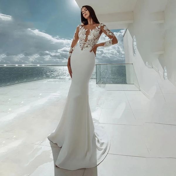 Vestidos de novia de sirena de manga larga, apliques de encaje con cuello de ilusión sexy blanco, vestidos de novia elegantes, vestidos de playa, vestidos de novia jarry
