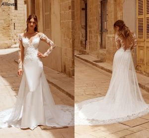 Lange mouwen zeemeermin trouwjurken met afneembare sleep glamoureus kant geappliceerd boho tuin bruidsjurken illusie knopen terug sexy Robes de Mariee CL2467