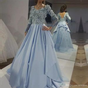 Elie Saab 2020 robes de soirée manches longues en dentelle 3D Appliques florales robes de bal balayage train bleu clair fête occasion spéciale robe