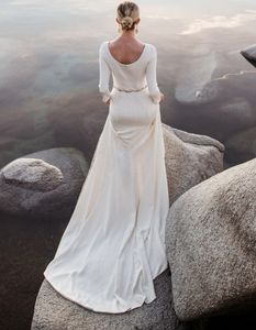 Lange mouwen bescheiden trouwjurken kralen riem jersey strand bruidsjurken mouwen op maat gemaakt 2020 bruidsjurken volwassen bruid nieuw